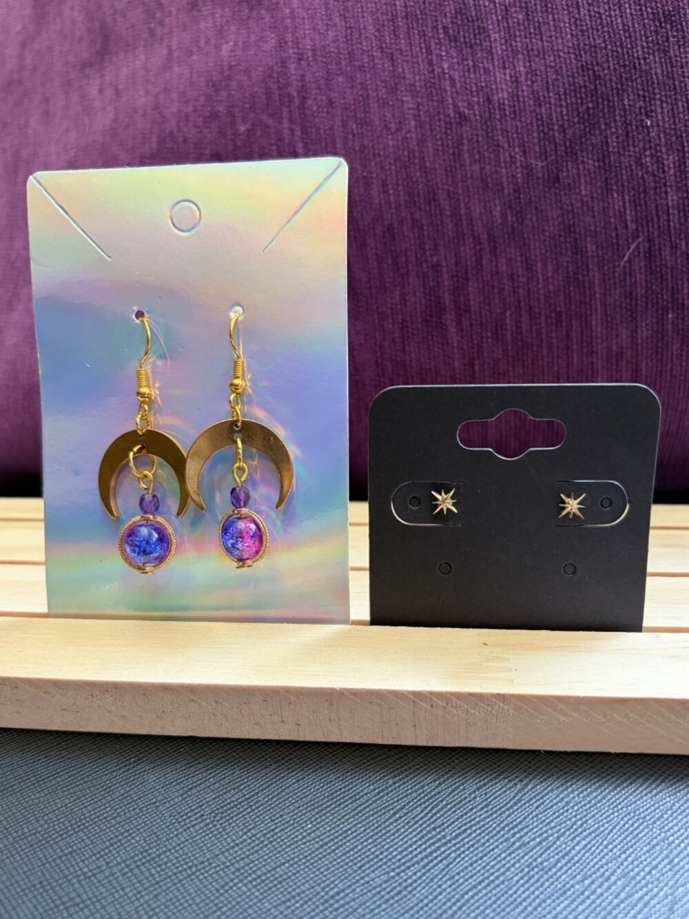 New Goldtone Celestial Earrings - Handmade Crescent Moon Dangles & Star Studs